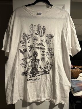 Gildan White Graphic Tee with Black Botanical Skeleton Print